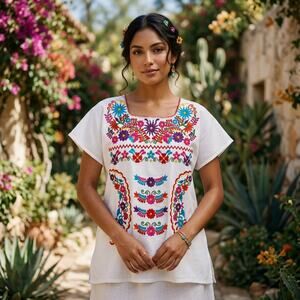 Mexican Embroidered Blouse – Handmade Otomi Floral design  EXL